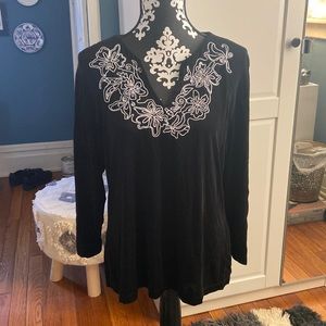 Chico’s Travelers Black Top with White Floral Design
